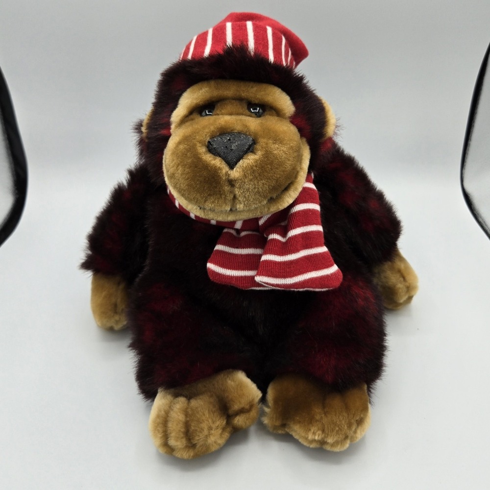 Vintage Walmart Plush‎ Monkey Red Faux Fur Cap & Scarf Stuffed Animal Christmas